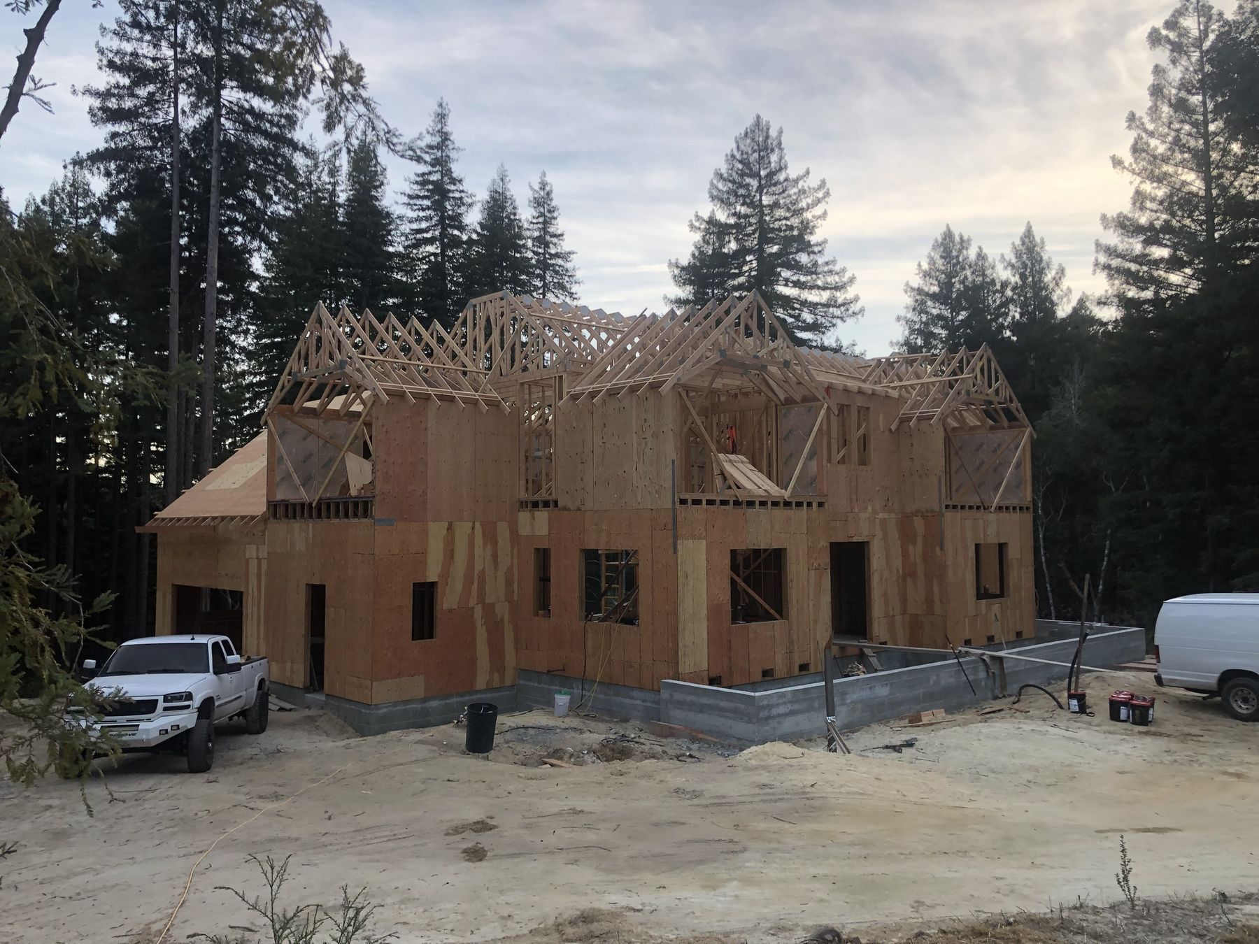 Sheathed walls and roof trusses on a new two-story home