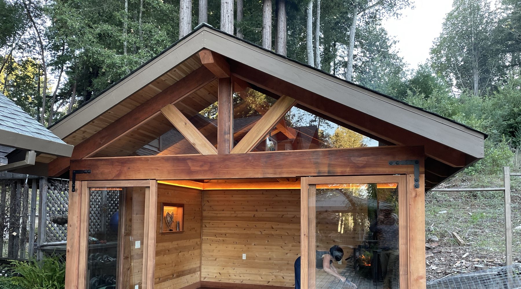 Custom timber-frame garden studio with glass gable built by EMC Construction